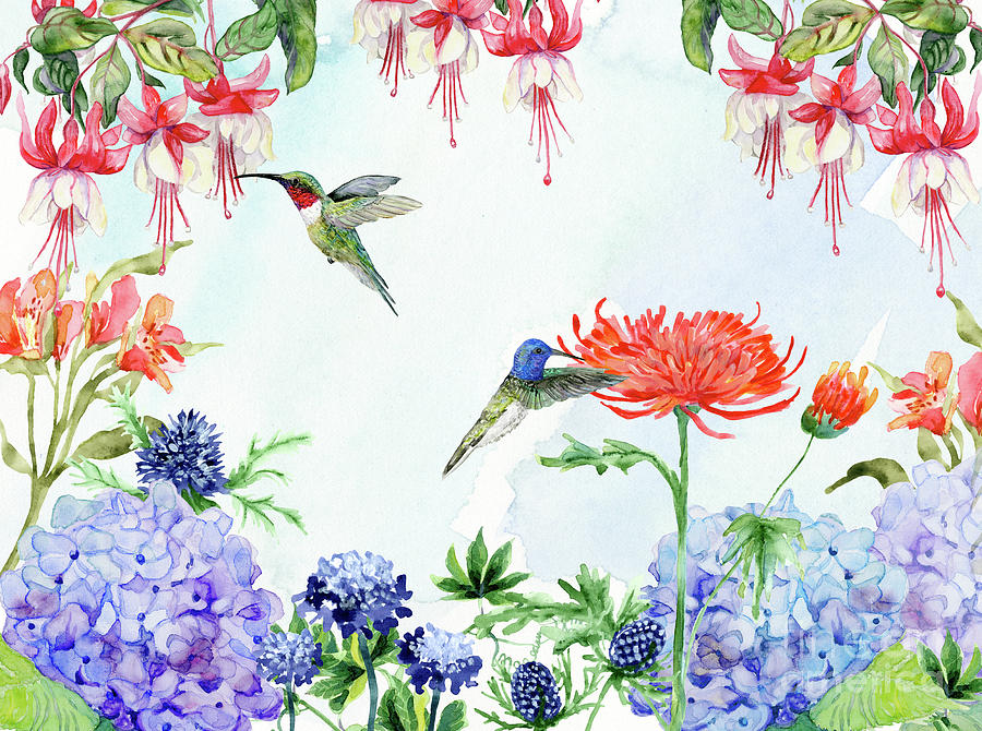 Winged Jewels Hummingbirds in the Garden I Hydrangeas Fuchsias Peruvian Liliy Painting by Audrey Jeanne Roberts