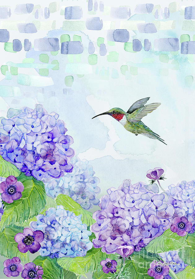 Winged Jewels Hummingbirds in the Garden II Blue Purple Hydrangeas Painting by Audrey Jeanne Roberts