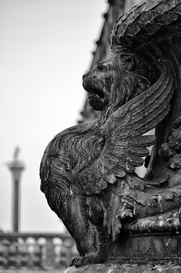 Winged Lion Bronze in Piazza San Marco Venice Italy Black and White Photograph by Shawn OBrien