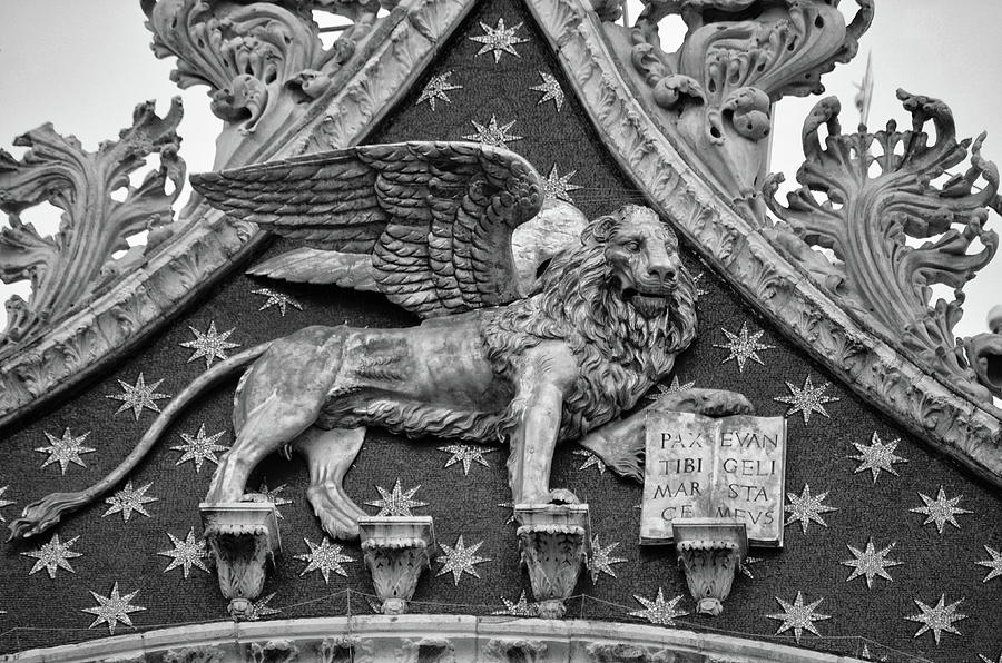 Winged Lion of St. Mark Piazza San Marco Venice Italy Black and White Photograph by Shawn OBrien