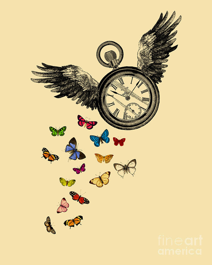 Butterfly Mixed Media - Winged Pocket Watch With Butterflies by Madame Memento