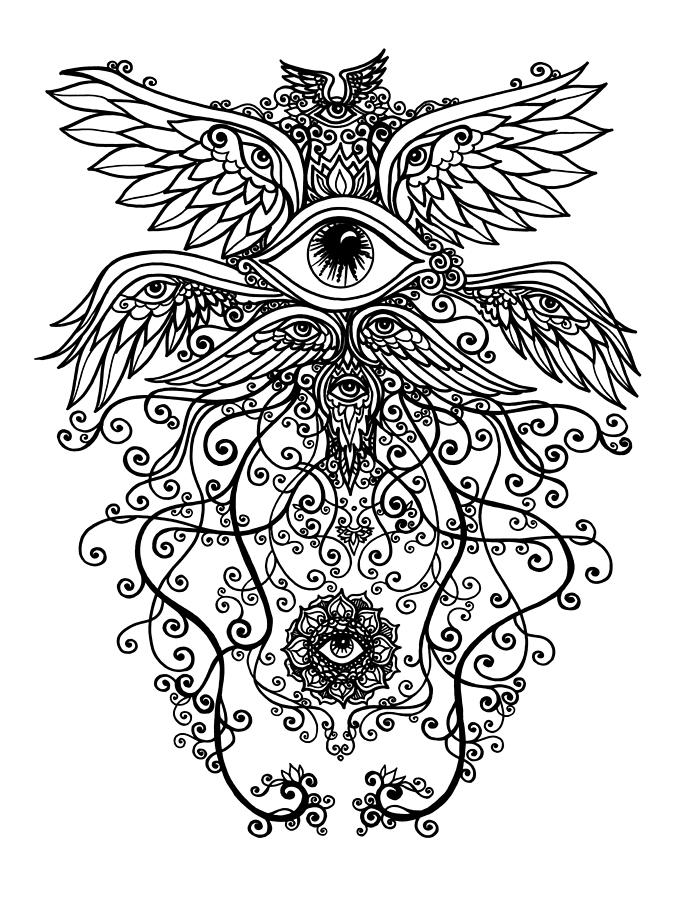 Wings and Eyes - line art Drawing by Katherine Nutt