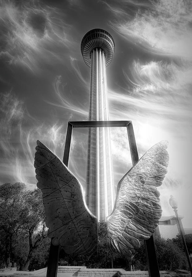 Wings and Tower of The Americas Black and White Photograph by Judy Vincent
