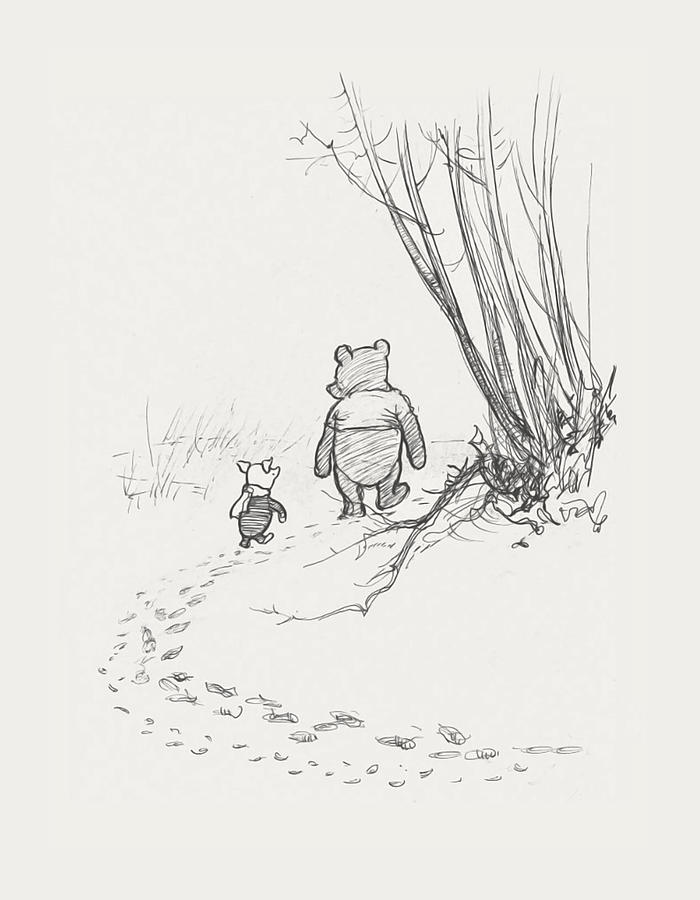 Winnie-the-Pooh walking and best friend Piglet Drawing by Ole Schwander ...