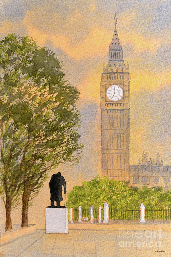London Watercolor Painting - Winston Churchill And Big Ben by Bill Holkham