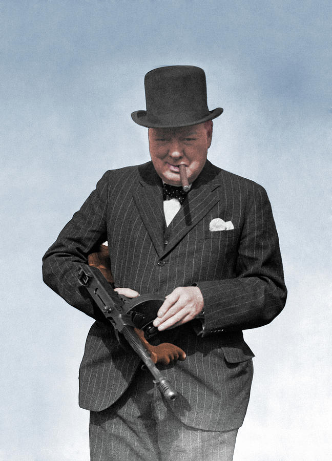 Winston Churchill Inspecting a Tommy Gun - WW2 - 1940 Colorized Photograph by War Is Hell Store