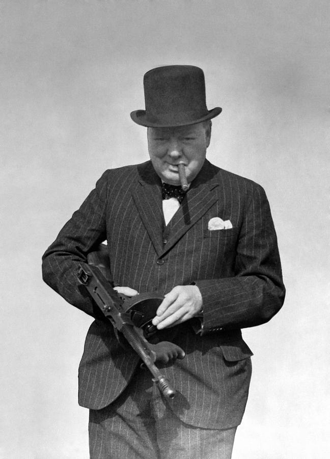 Winston Churchill Inspecting a Tommy Gun - WW2 - 1940 Photograph by War Is Hell Store