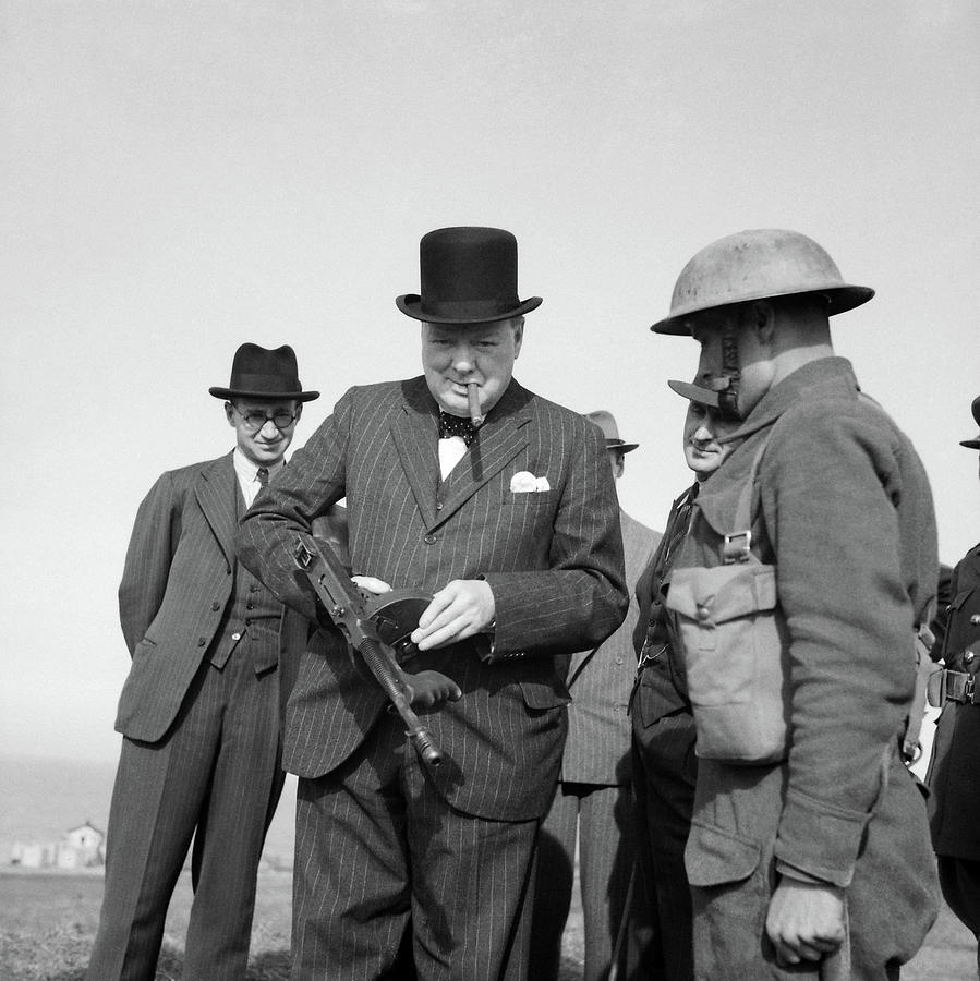 Winston Churchill Painting - Winston Churchill with a Tommy Gun by English School