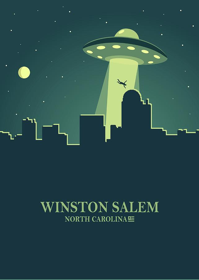 Winston Salem City Skyline Ufo Night Digital Art