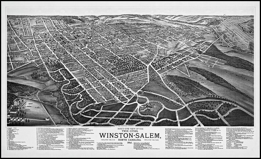 Vintage Photograph - Winston Salem North Carolina Vintage Map Birds Eye View 1891 Black and White by Carol Japp