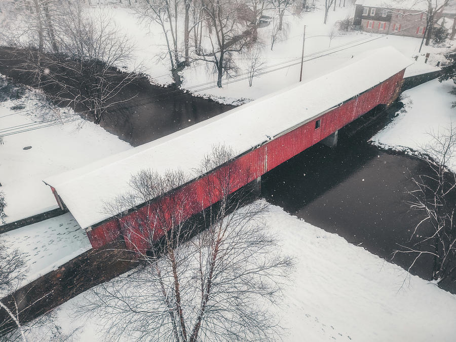 Winter Aerial Bogert Covered Bridge 2024 Photograph by Jason Fink