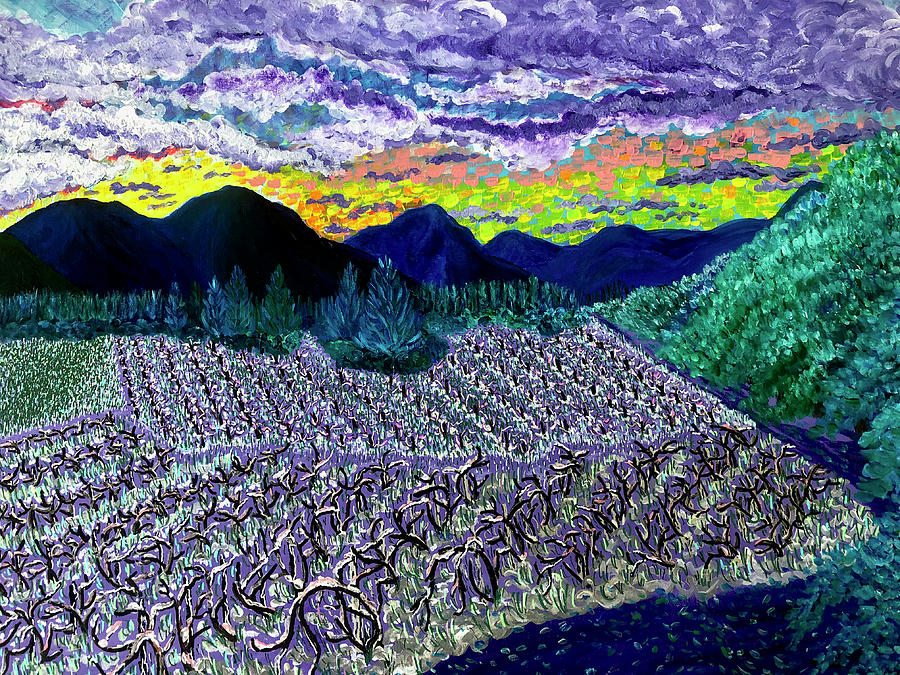 Winter arrives at Betsys vineyard. Williams, Oregon. Painting by ArtStudio Mateo