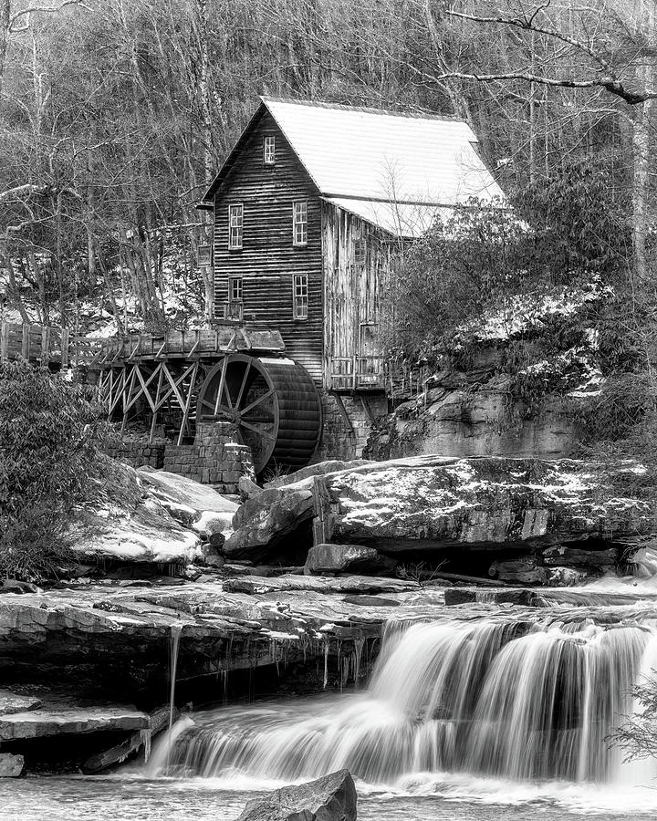 Winter at Glade Creek Grist Mill - Black and White Photograph by Susan Rissi Tregoning