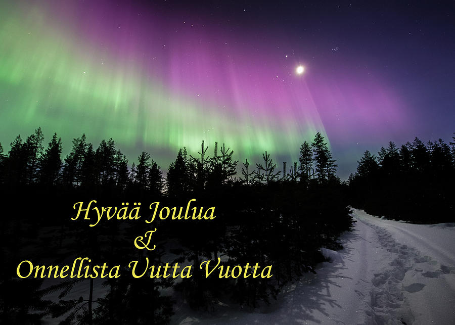 Greeting card - Winter auroras - Hyvaa Joulua Onnellista Uutta Vuotta Photograph by Thomas Kast
