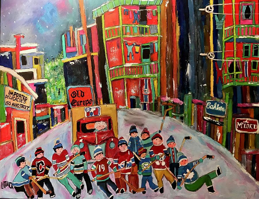 Winter back Lanes Street Hockey I D Foods Painting by Michael Litvack