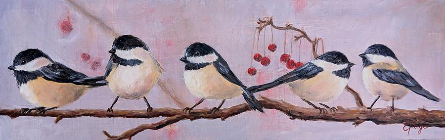 Winter Berry Chickadees Painting by Emily Page