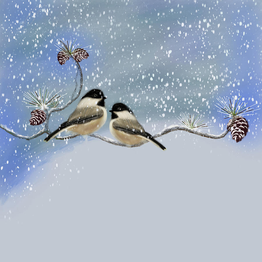 Nature Painting - Winter Birds, Black Capped Chicadees by Larry Almonte