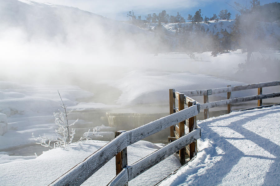 Winter Boardwalk on Mammoth Terrace in Yellowstone Photograph by Bruce Gourley