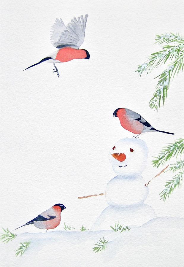 Winter bullfinches Painting by Dominique Bachelet