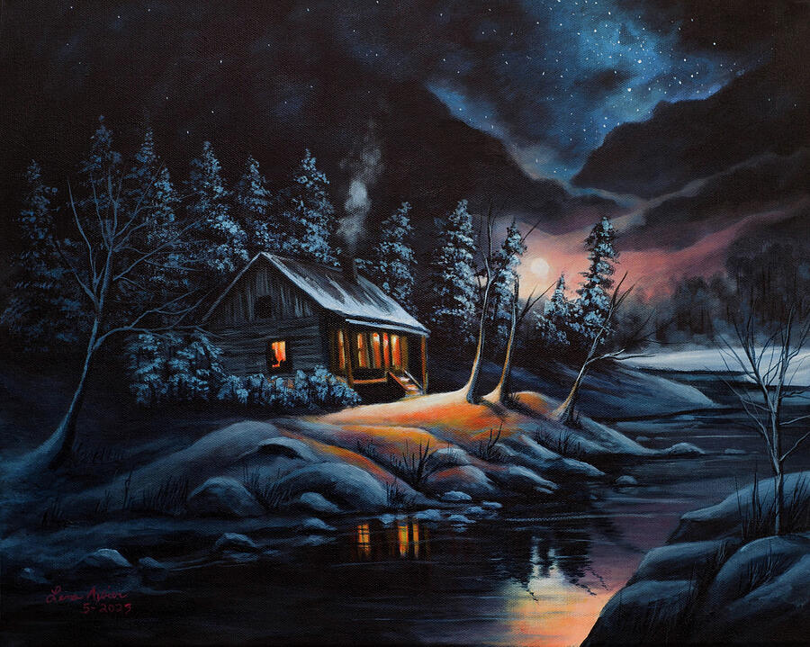 Winter Cabin at Night Painting by Lena Auxier