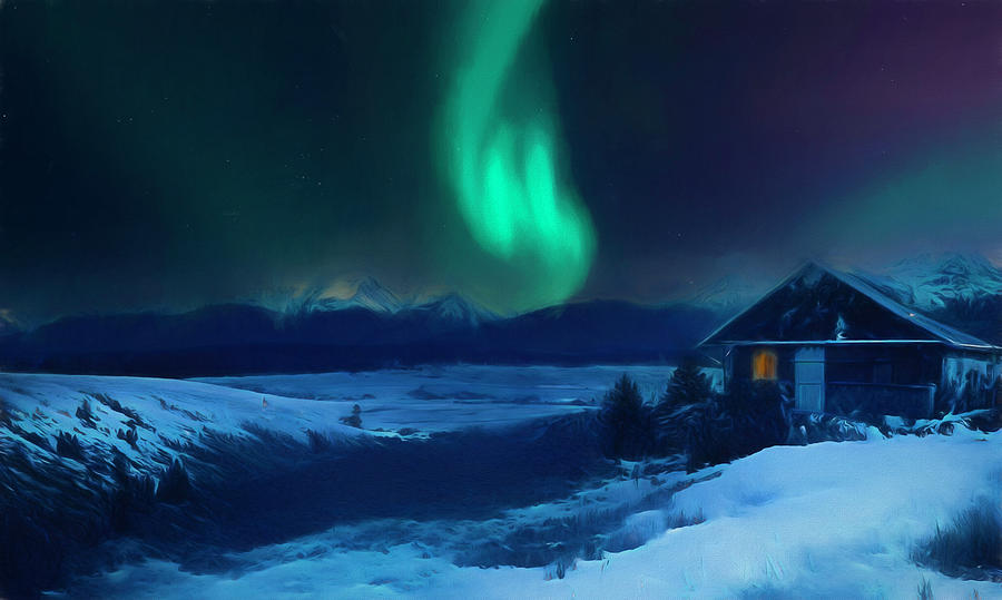 Winter Cabin Mountain Aurora Painting by Dan Sproul
