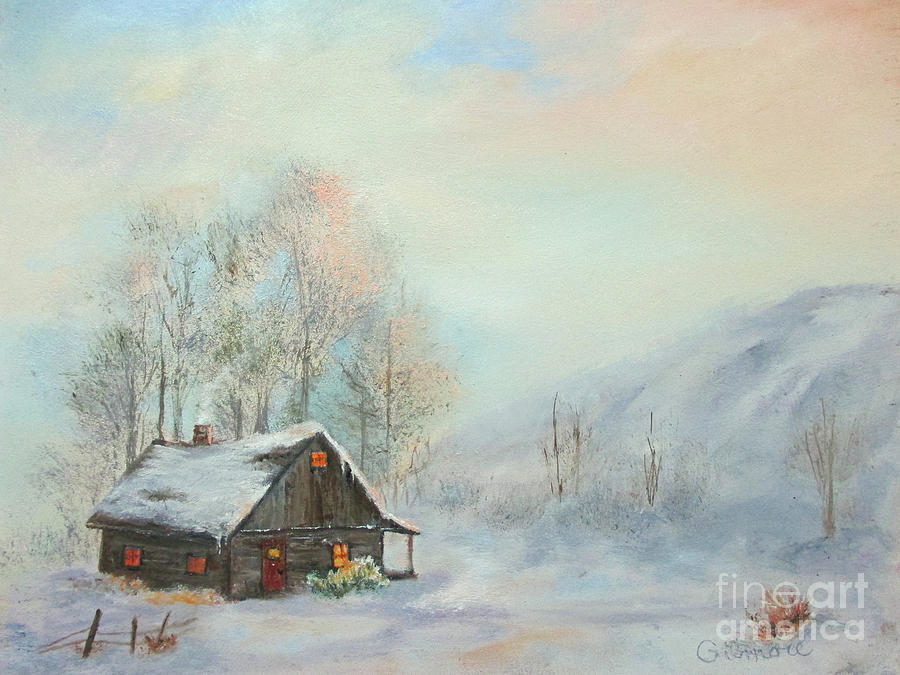 Winter Cabin Painting by Roseann Gilmore