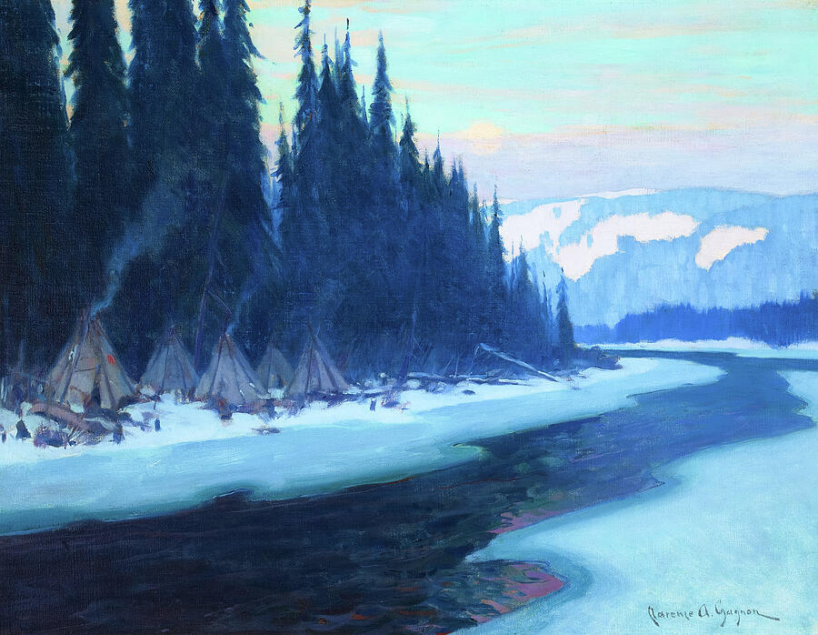 Winter Painting - Winter Camp Along a River, Quebec by Clarence Alphonse Gagnon