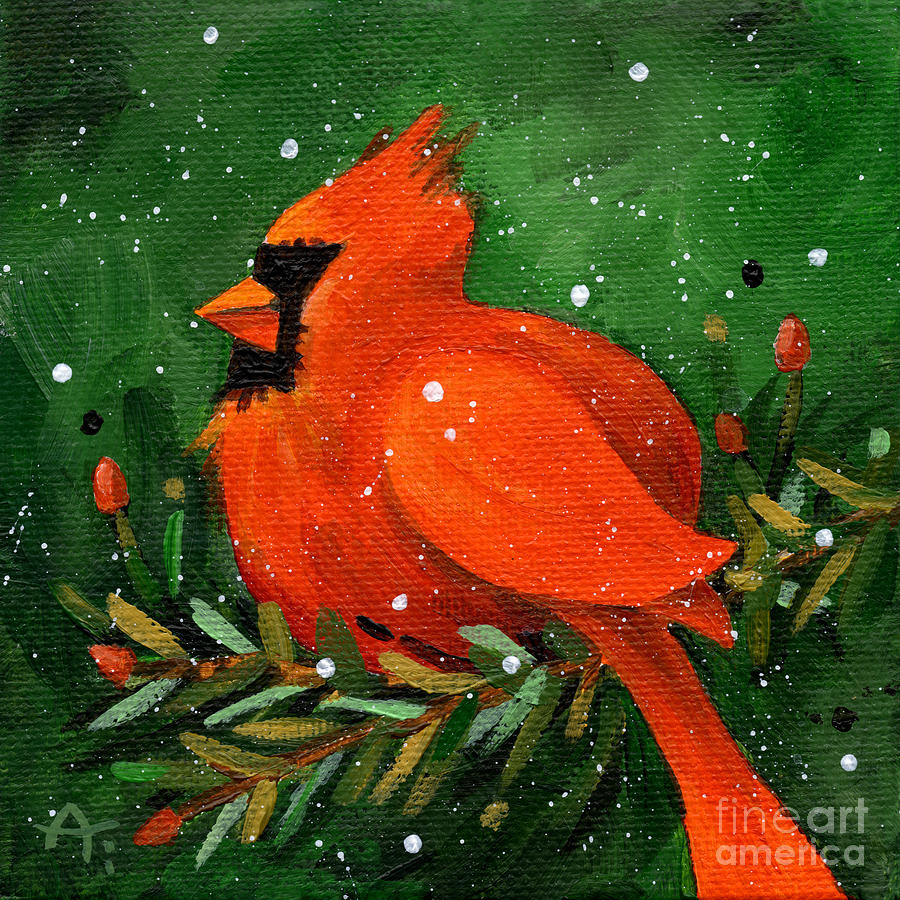Winter Cardinal on Pine Branch Painting by Annie Troe