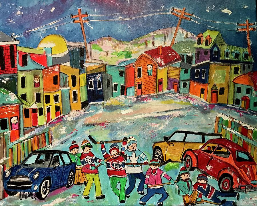 Winter City Hockey Laneway Painting by Michael Litvack
