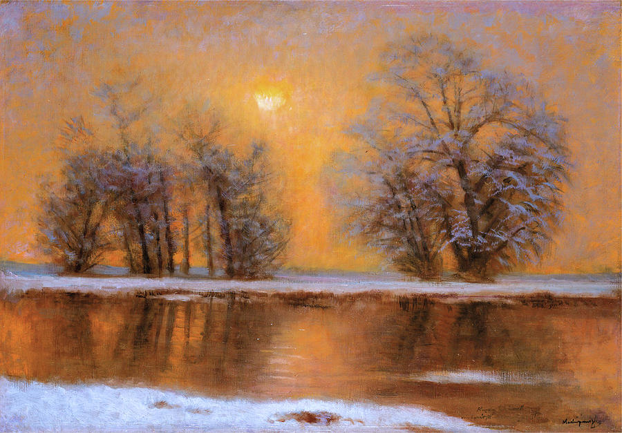 Winter dawn by the river by Mednyanszky Laszlo - Hungarian painters Painting by Mednyanszky Laszlo