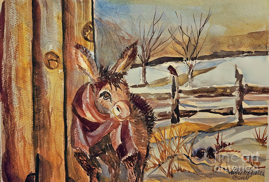 Winter Donkey Painting by Mindy Newman