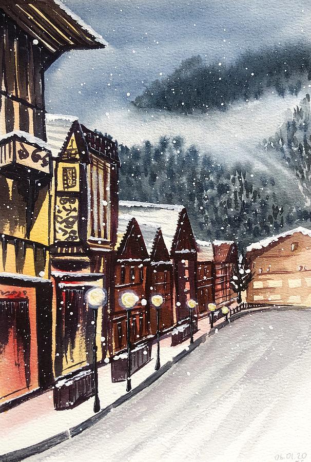 Winter Evening in a Small Austrian Mountain Town  Painting by Tanya Gordeeva