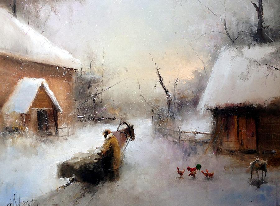 Winter Evening in Village Painting by Igor Medvedev