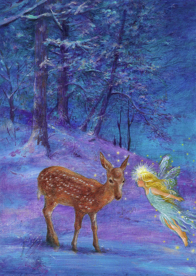 Winter Fairy with Fawn Painting by Judith Cheng