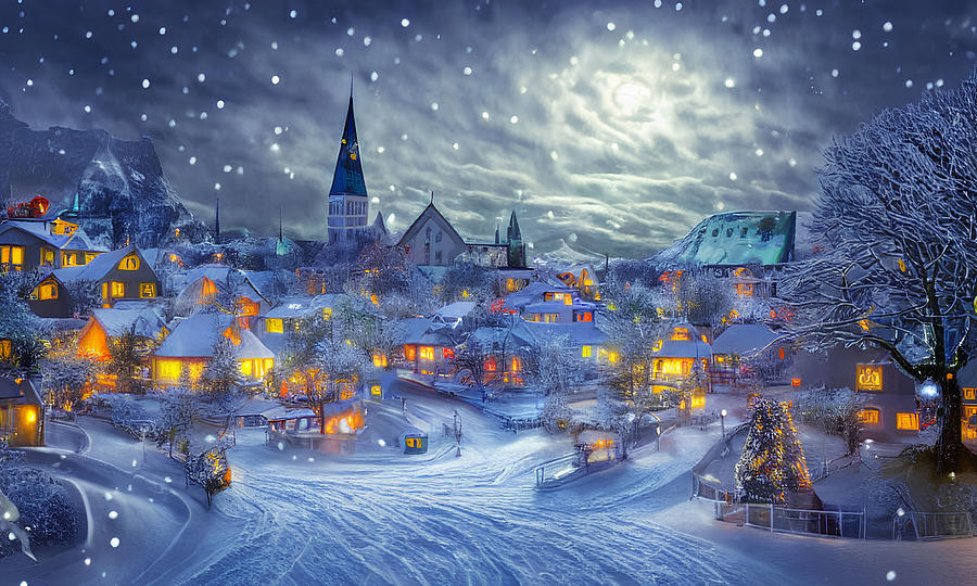 Winter Fantasy Snow Village at Night Digital Art by Bob Smerecki - Fine ...