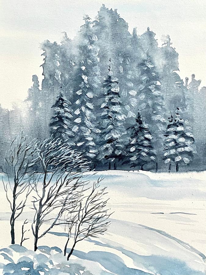 Winter Foggy Landscape Painting by Masha Batkova