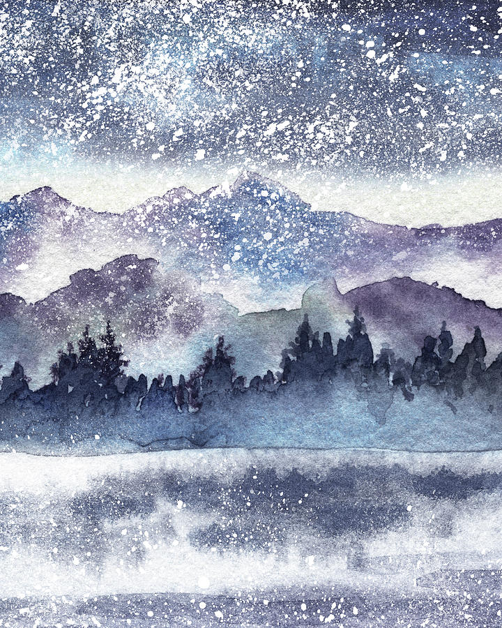 Winter Forest And Snow At The Lake Watercolor Landscape  Painting by Irina Sztukowski