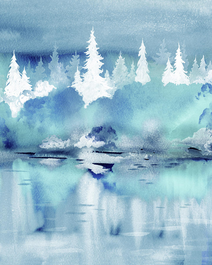 Winter Forest At The Ice Lake Watercolor Landscape Painting