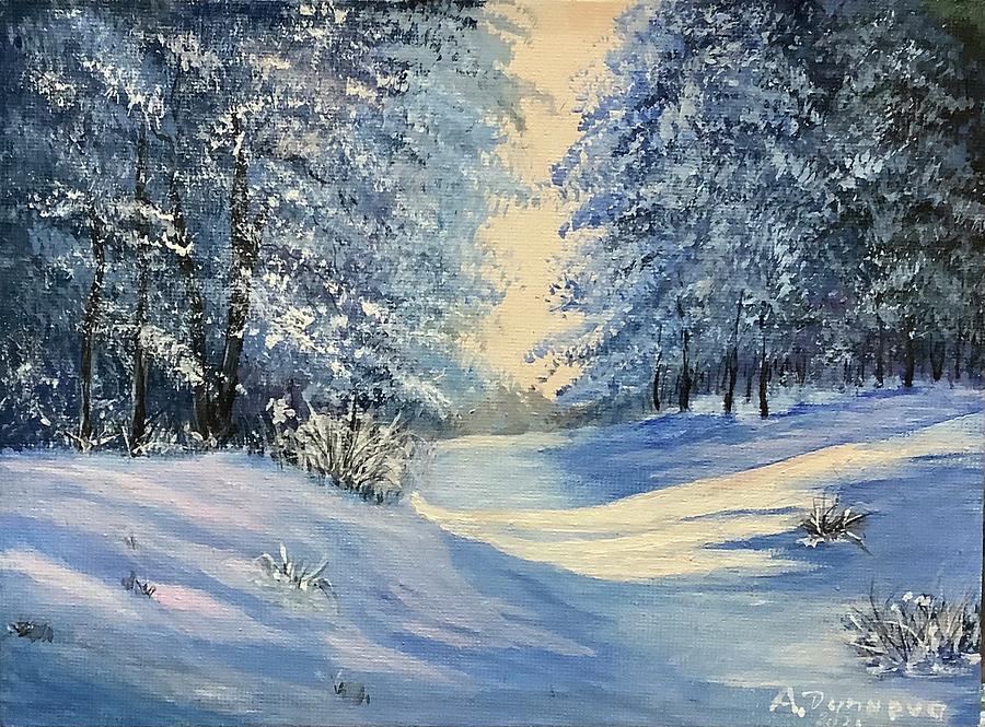 Winter Forest Original small size painting in acrylic on canvas board.  Painting by Antonina Dunaeva - Pixels