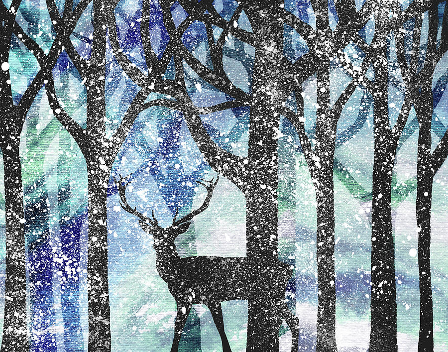 Winter Forest Snow And Deer Buck Watercolor  Painting by Irina Sztukowski