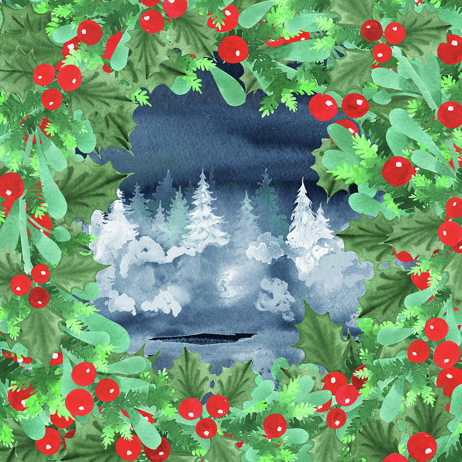 Winter Forest Through Holly Berries Wreath  Painting by Irina Sztukowski