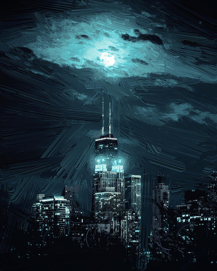 Winter Full Moon Over Chicago - Impasto Painting By Ahmet Asar Digital Art