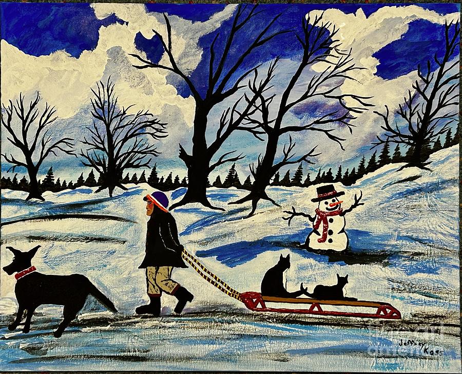 Winter Fun with cats ,dogs and snowman.  Painting by Jeffrey Koss