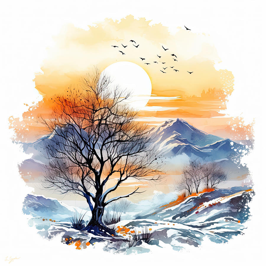 Winter Glowing - Winter Modern Watercolor Art Painting by Lourry Legarde Winter Glowing - Winter Modern Watercolor Art Painting by Lourry Legarde