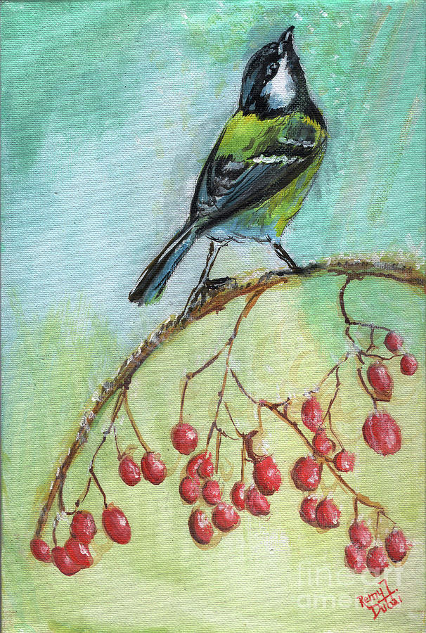 Winter green bird Painting by Remy Francis