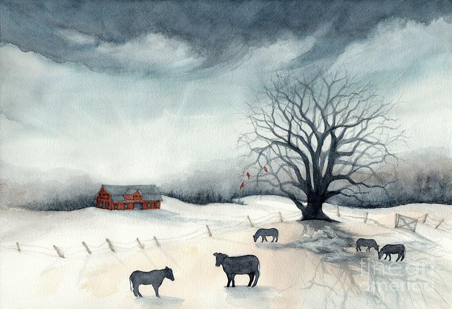 Winter Greetings Farm Sunrise Painting by Janine Riley