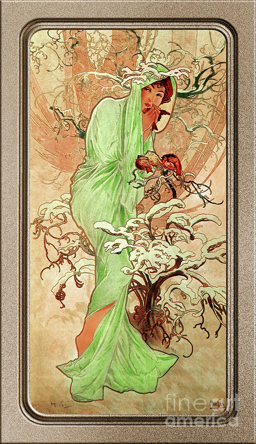 Winter In A Green Cape by Alphonse Mucha Old Masters Reproduction Painting by Rolando Burbon