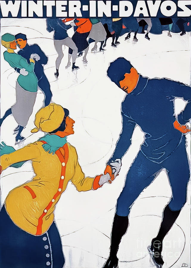 Winter In Davos Switzerland Art Deco Poster Drawing