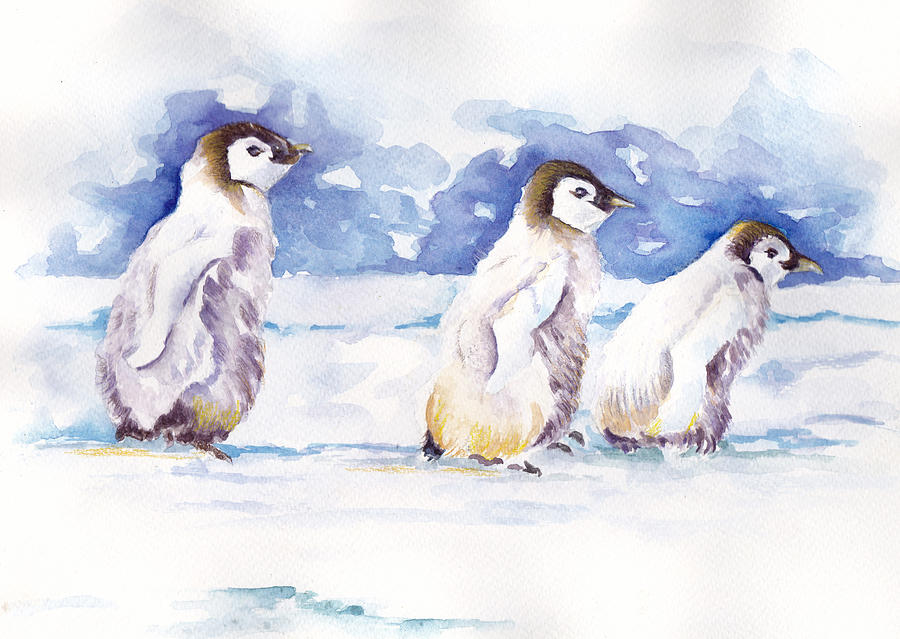 Penguins Marching - Winter Is Coming 1 Painting by Debra Hall