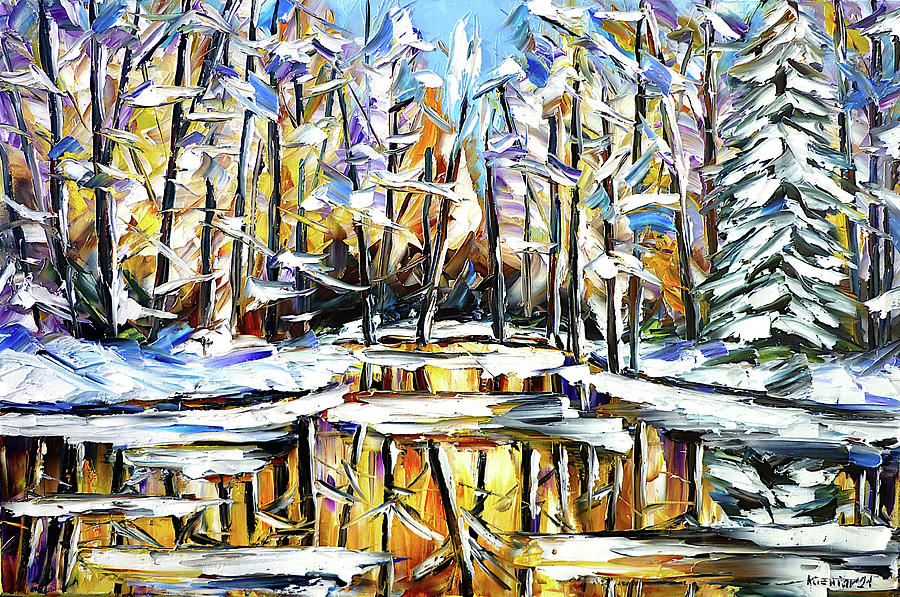 Winter Lake Painting by Mirek Kuzniar